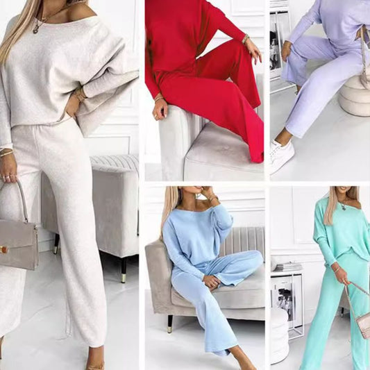 💗Culoare solidă pentru femei picătură de umăr pulover și pantaloni vrac Set