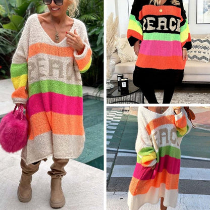 📦Color Block V-Neck Letter Print Sweater Dress